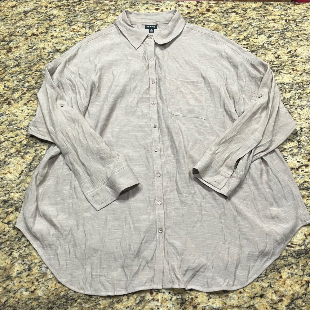 Torrid‎ Women 0 L Taupe Textured Slub Button Down Shirt Roll Tab Sleeve Blouse